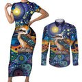 Australian Kookaburra Indigenous Couples Matching Short Sleeve Bodycon Dress and Long Sleeve Button Shirt Aboriginal Dot Painting