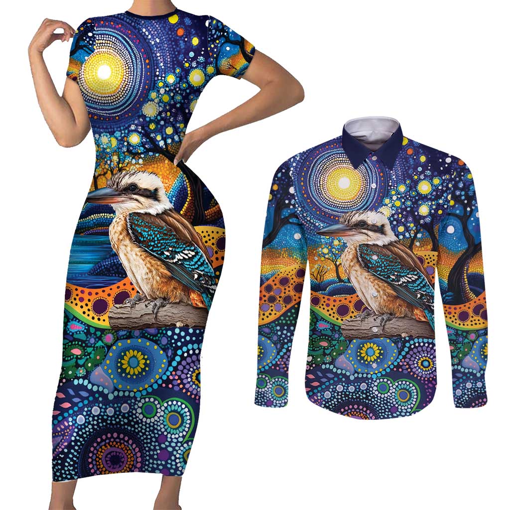 Australian Kookaburra Indigenous Couples Matching Short Sleeve Bodycon Dress and Long Sleeve Button Shirt Aboriginal Dot Painting