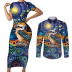 Australian Kookaburra Indigenous Couples Matching Short Sleeve Bodycon Dress and Long Sleeve Button Shirt Aboriginal Dot Painting