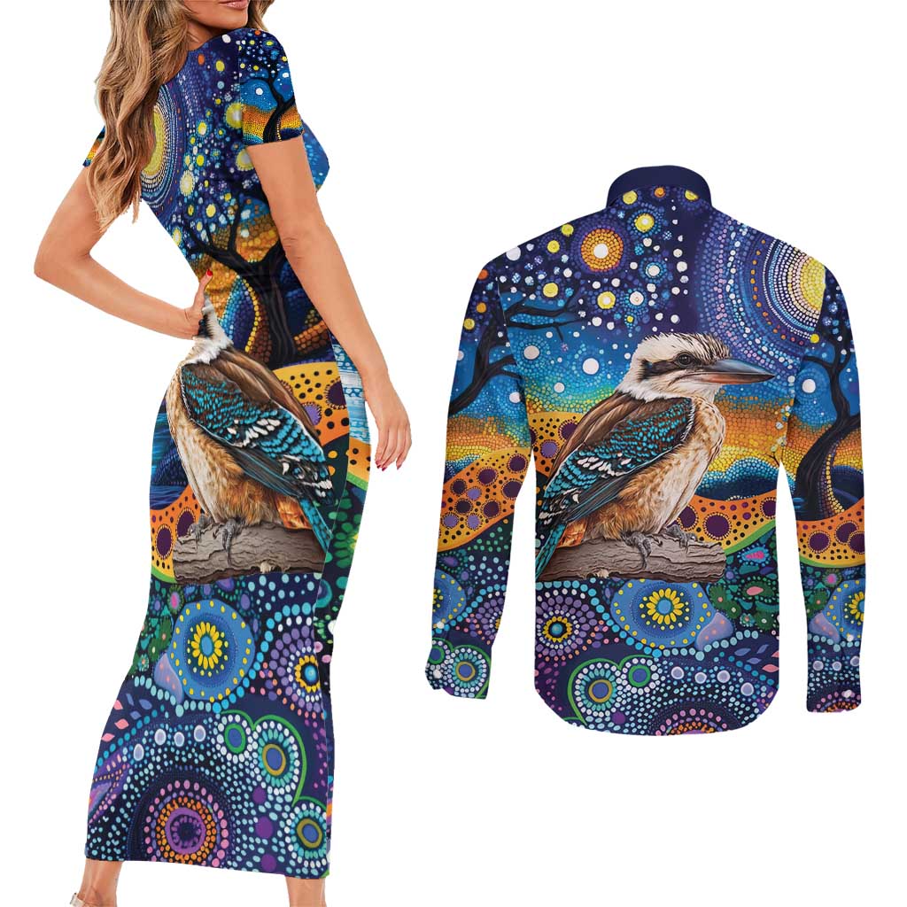 Australian Kookaburra Indigenous Couples Matching Short Sleeve Bodycon Dress and Long Sleeve Button Shirt Aboriginal Dot Painting
