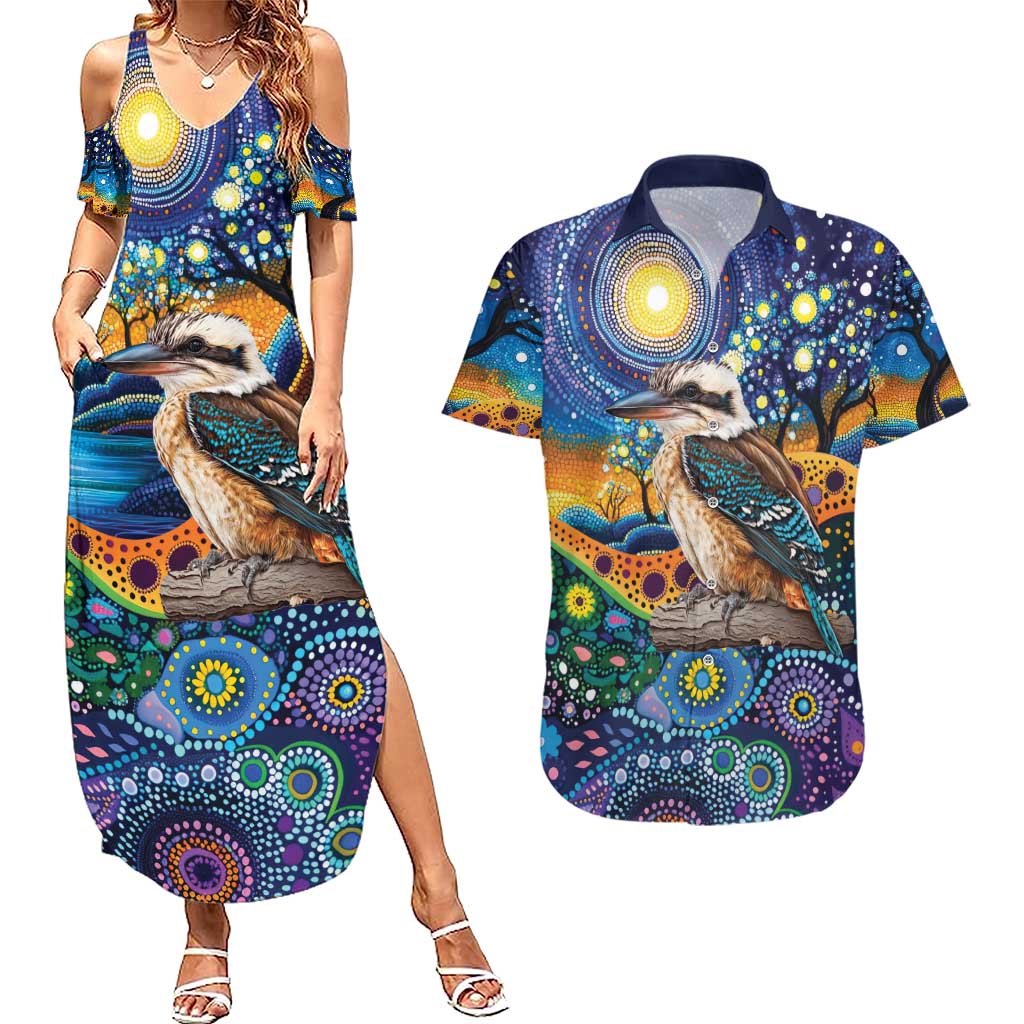Australian Kookaburra Indigenous Couples Matching Summer Maxi Dress and Hawaiian Shirt Aboriginal Dot Painting