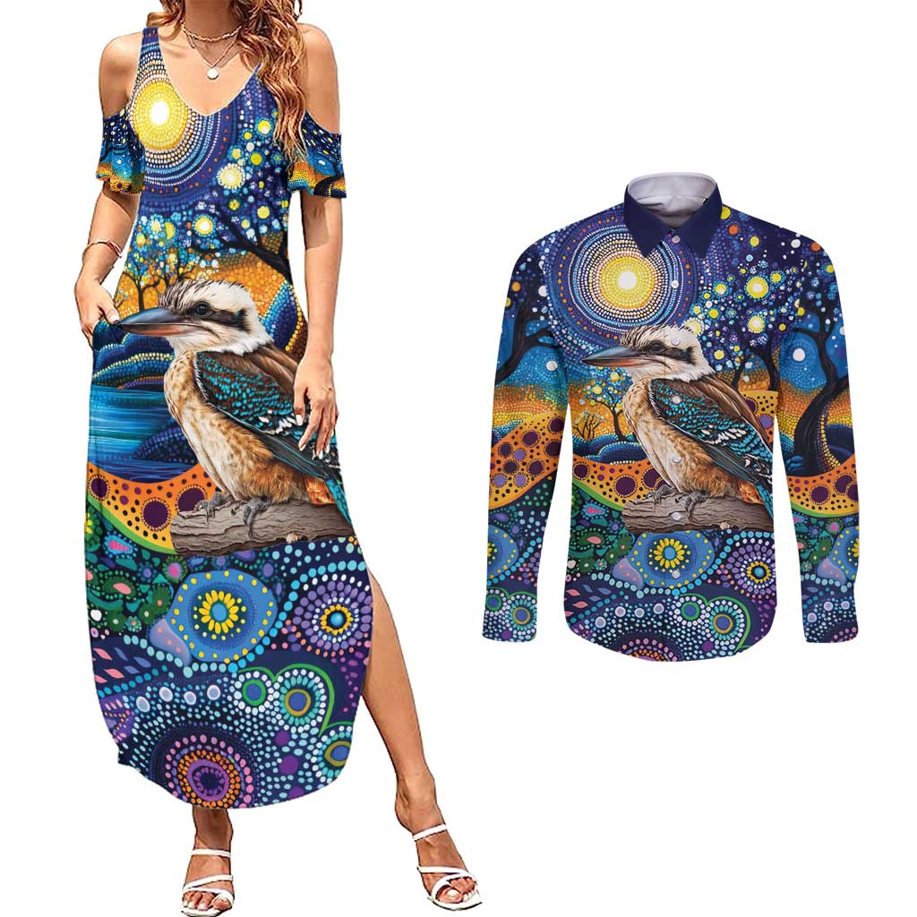 Australian Kookaburra Indigenous Couples Matching Summer Maxi Dress and Long Sleeve Button Shirt Aboriginal Dot Painting