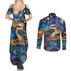 Australian Kookaburra Indigenous Couples Matching Summer Maxi Dress and Long Sleeve Button Shirt Aboriginal Dot Painting