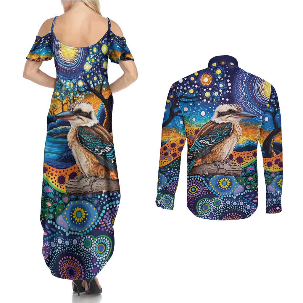 Australian Kookaburra Indigenous Couples Matching Summer Maxi Dress and Long Sleeve Button Shirt Aboriginal Dot Painting