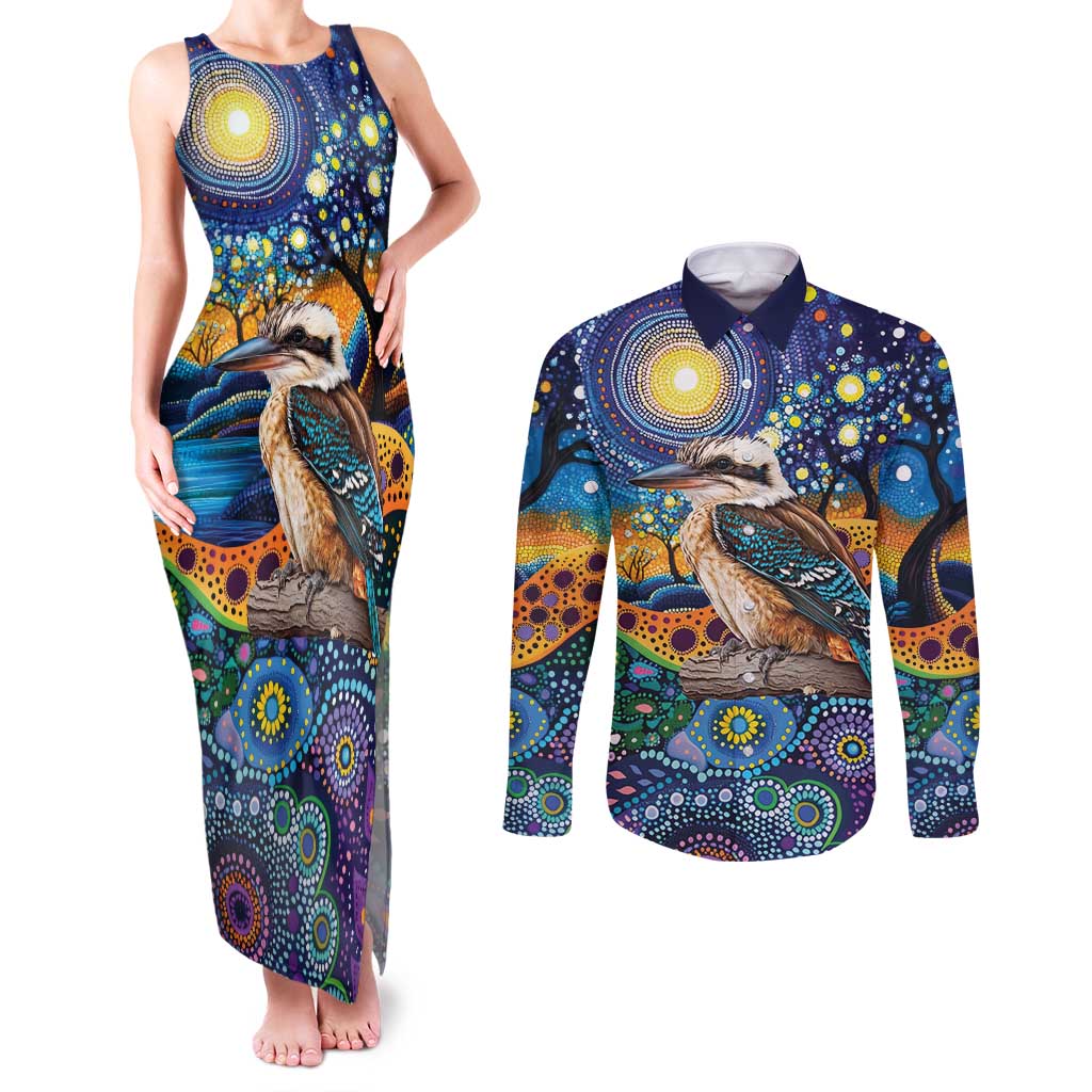 Australian Kookaburra Indigenous Couples Matching Tank Maxi Dress and Long Sleeve Button Shirt Aboriginal Dot Painting