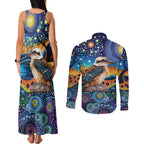 Australian Kookaburra Indigenous Couples Matching Tank Maxi Dress and Long Sleeve Button Shirt Aboriginal Dot Painting