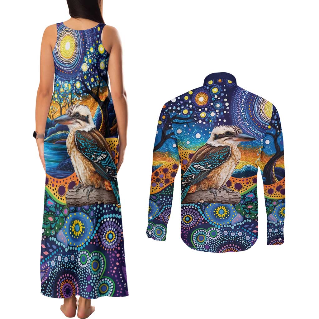 Australian Kookaburra Indigenous Couples Matching Tank Maxi Dress and Long Sleeve Button Shirt Aboriginal Dot Painting