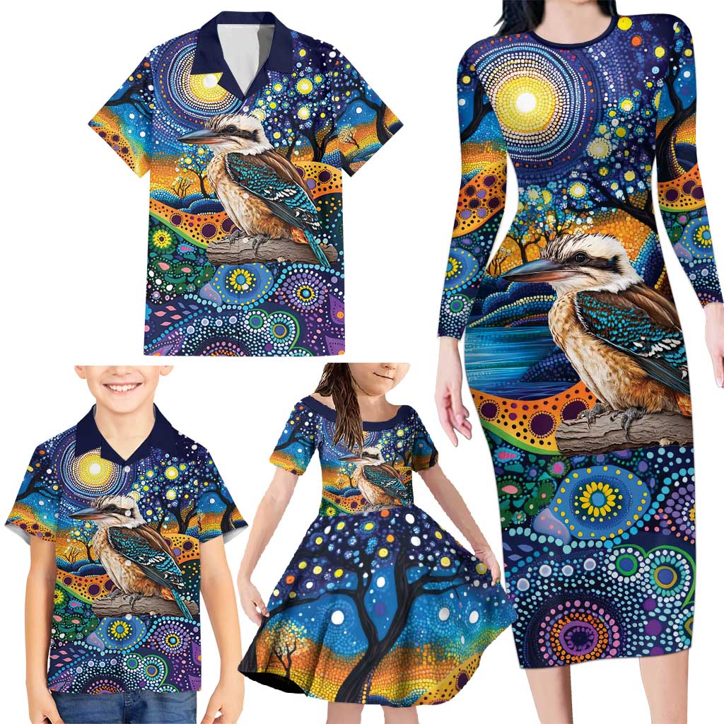 Australian Kookaburra Indigenous Family Matching Long Sleeve Bodycon Dress and Hawaiian Shirt Aboriginal Dot Painting
