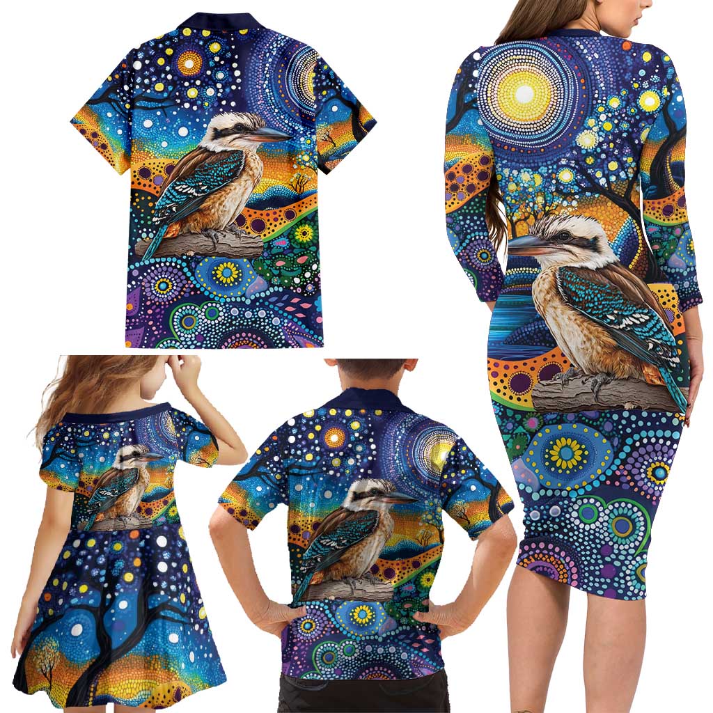 Australian Kookaburra Indigenous Family Matching Long Sleeve Bodycon Dress and Hawaiian Shirt Aboriginal Dot Painting