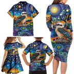 Australian Kookaburra Indigenous Family Matching Long Sleeve Bodycon Dress and Hawaiian Shirt Aboriginal Dot Painting