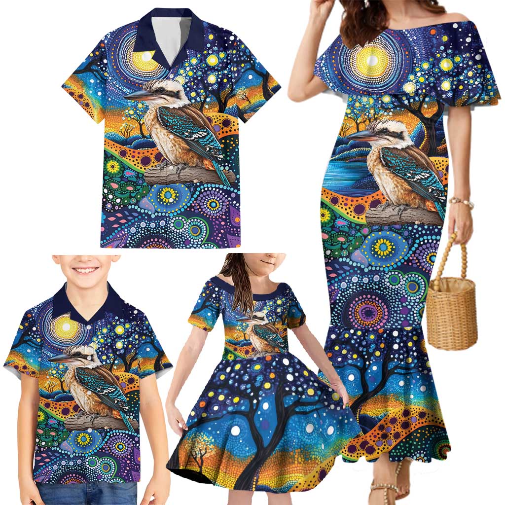 Australian Kookaburra Indigenous Family Matching Mermaid Dress and Hawaiian Shirt Aboriginal Dot Painting