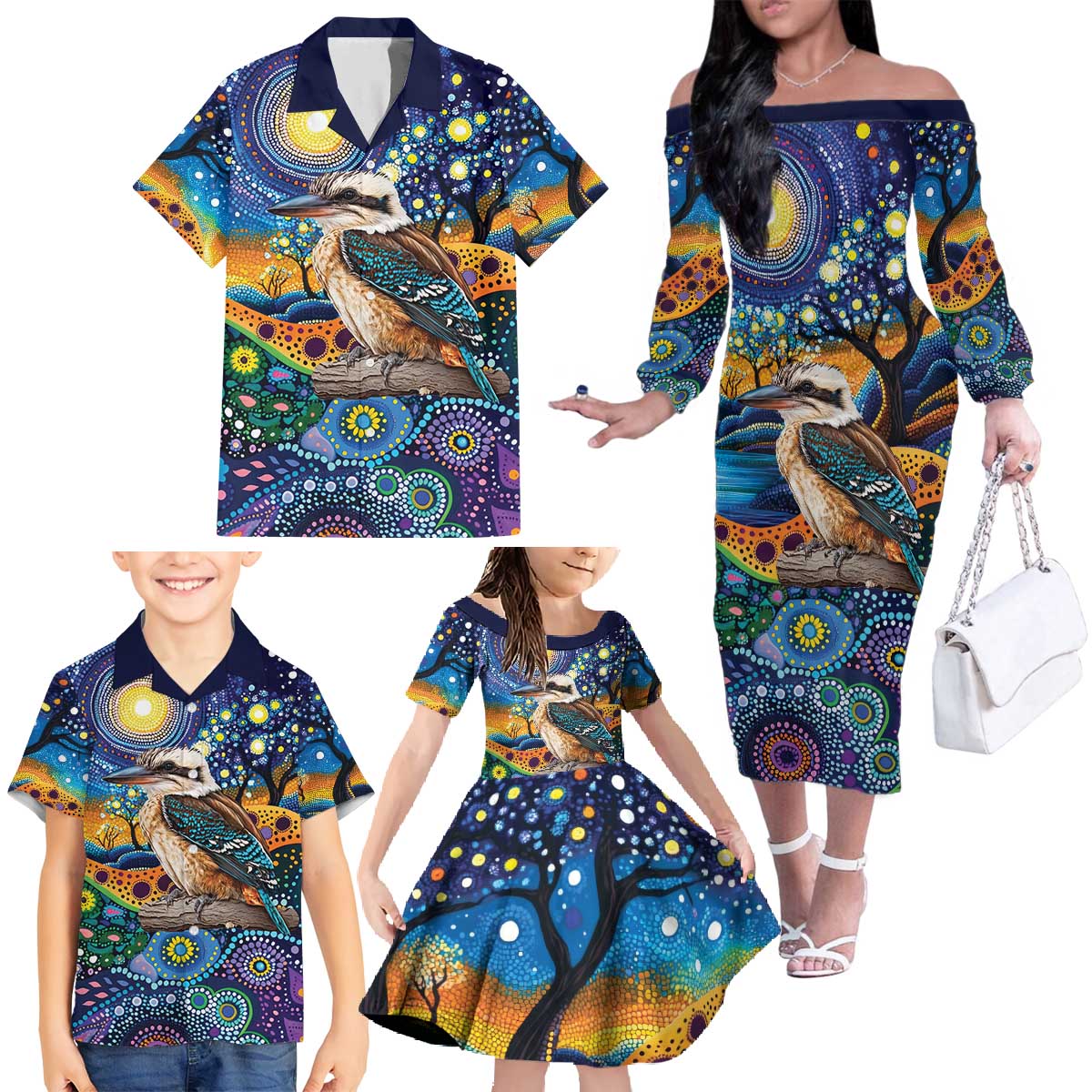 Australian Kookaburra Indigenous Family Matching Off The Shoulder Long Sleeve Dress and Hawaiian Shirt Aboriginal Dot Painting