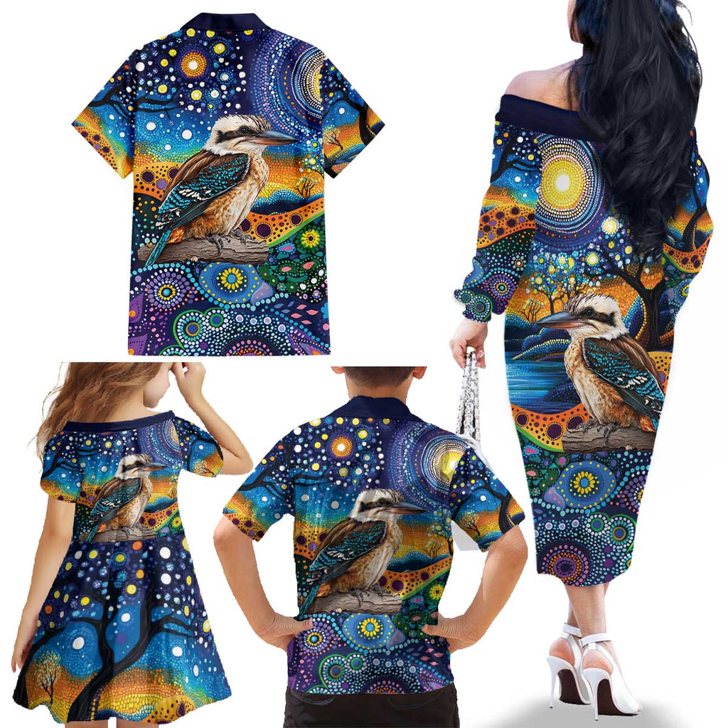 Australian Kookaburra Indigenous Family Matching Off The Shoulder Long Sleeve Dress and Hawaiian Shirt Aboriginal Dot Painting