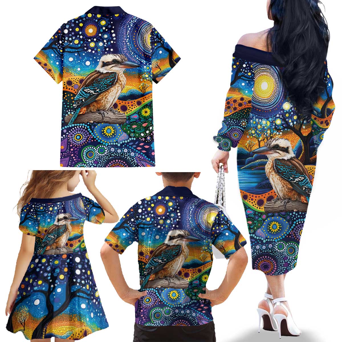 Australian Kookaburra Indigenous Family Matching Off The Shoulder Long Sleeve Dress and Hawaiian Shirt Aboriginal Dot Painting