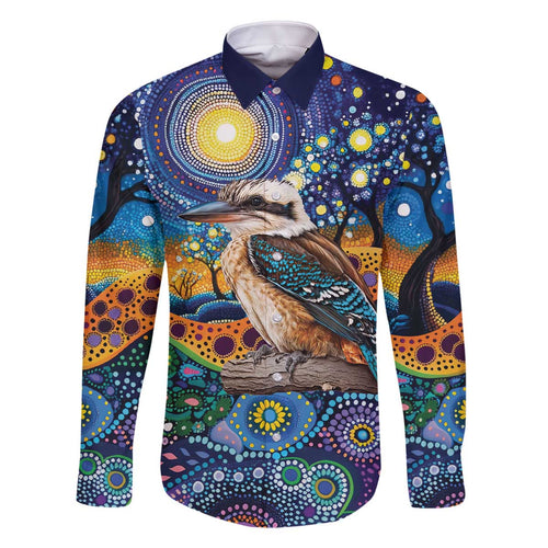 Australian Kookaburra Indigenous Family Matching Off The Shoulder Long Sleeve Dress and Hawaiian Shirt Aboriginal Dot Painting