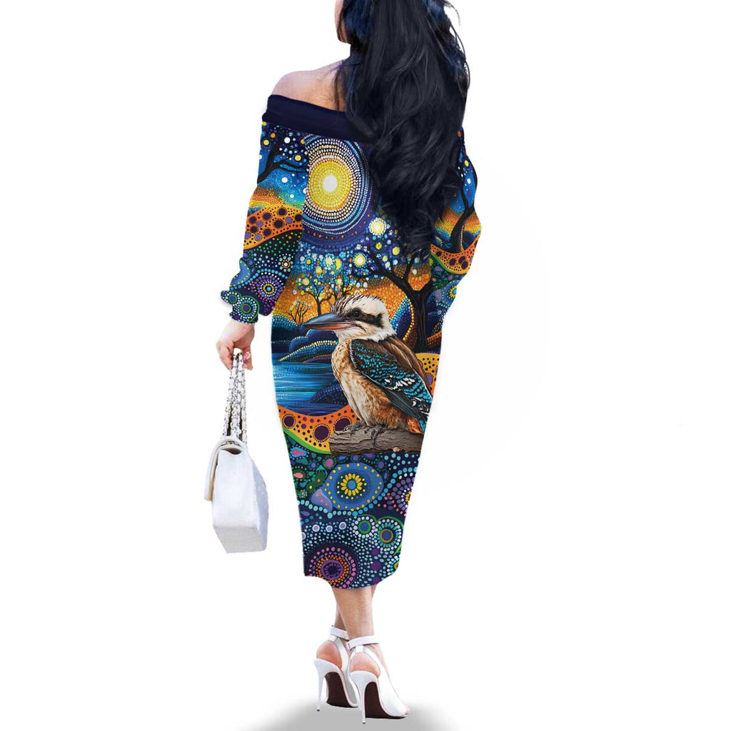 Australian Kookaburra Indigenous Family Matching Off The Shoulder Long Sleeve Dress and Hawaiian Shirt Aboriginal Dot Painting