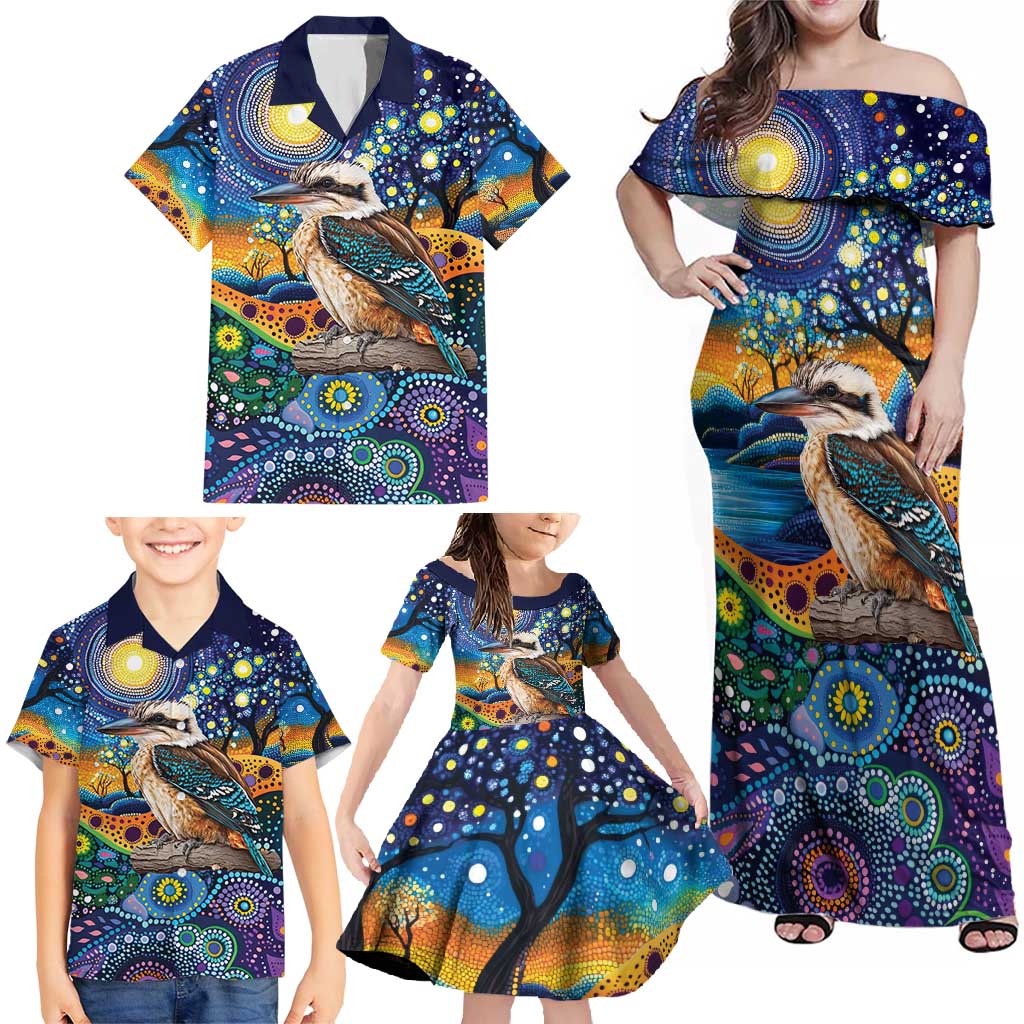 Australian Kookaburra Indigenous Family Matching Off Shoulder Maxi Dress and Hawaiian Shirt Aboriginal Dot Painting
