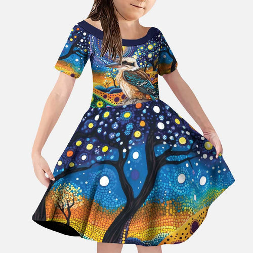 Australian Kookaburra Indigenous Family Matching Off Shoulder Maxi Dress and Hawaiian Shirt Aboriginal Dot Painting