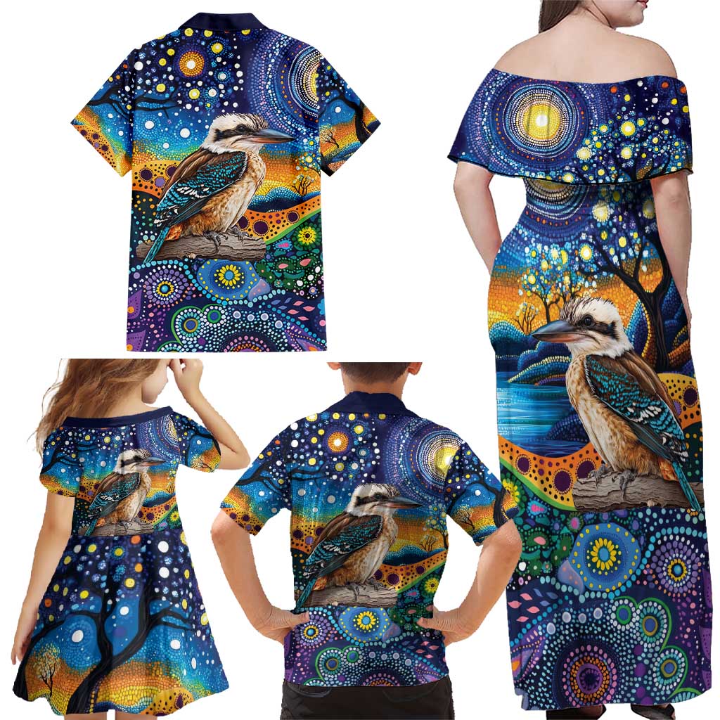 Australian Kookaburra Indigenous Family Matching Off Shoulder Maxi Dress and Hawaiian Shirt Aboriginal Dot Painting