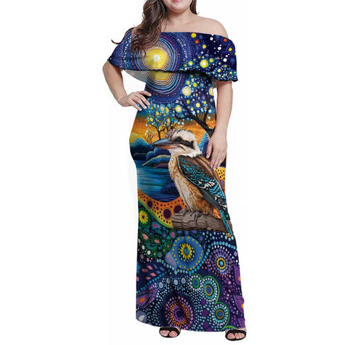 Australian Kookaburra Indigenous Family Matching Off Shoulder Maxi Dress and Hawaiian Shirt Aboriginal Dot Painting
