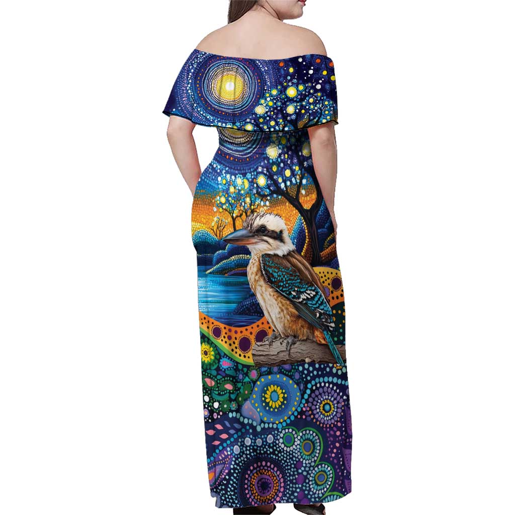 Australian Kookaburra Indigenous Family Matching Off Shoulder Maxi Dress and Hawaiian Shirt Aboriginal Dot Painting