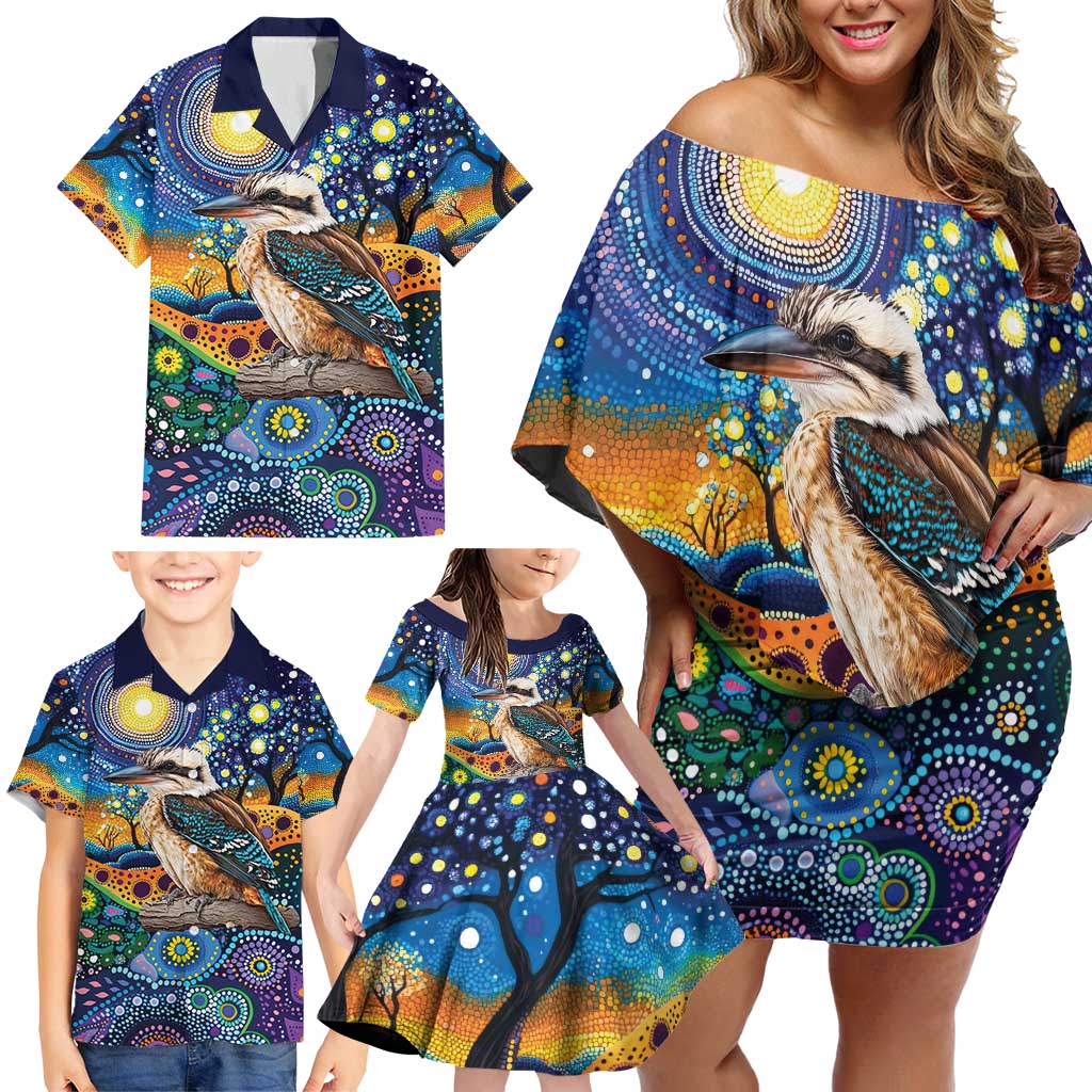 Australian Kookaburra Indigenous Family Matching Off Shoulder Short Dress and Hawaiian Shirt Aboriginal Dot Painting