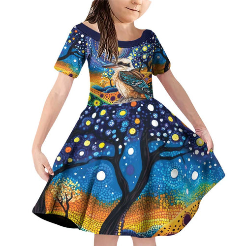 Australian Kookaburra Indigenous Family Matching Off Shoulder Short Dress and Hawaiian Shirt Aboriginal Dot Painting