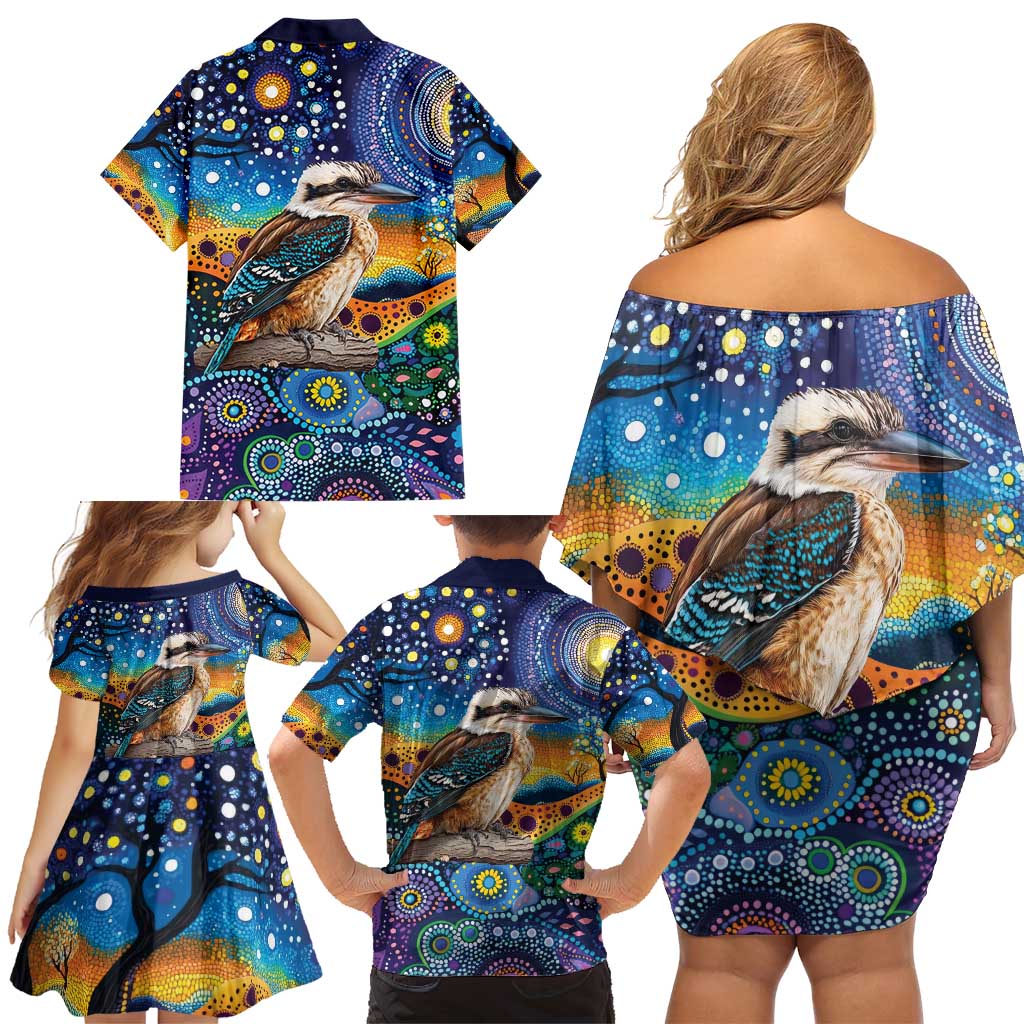 Australian Kookaburra Indigenous Family Matching Off Shoulder Short Dress and Hawaiian Shirt Aboriginal Dot Painting