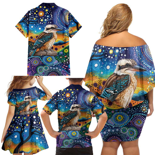 Australian Kookaburra Indigenous Family Matching Off Shoulder Short Dress and Hawaiian Shirt Aboriginal Dot Painting