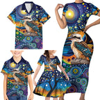 Australian Kookaburra Indigenous Family Matching Short Sleeve Bodycon Dress and Hawaiian Shirt Aboriginal Dot Painting