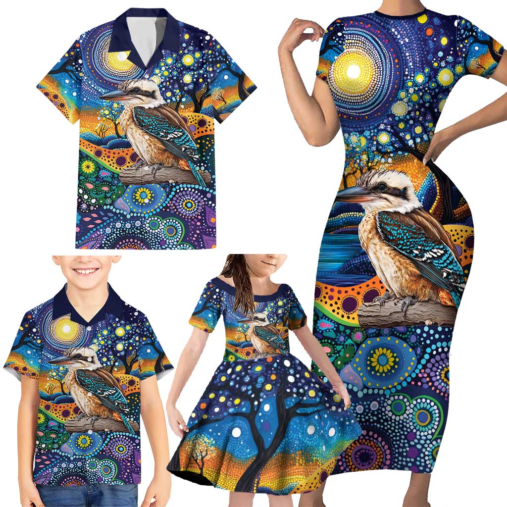 Australian Kookaburra Indigenous Family Matching Short Sleeve Bodycon Dress and Hawaiian Shirt Aboriginal Dot Painting