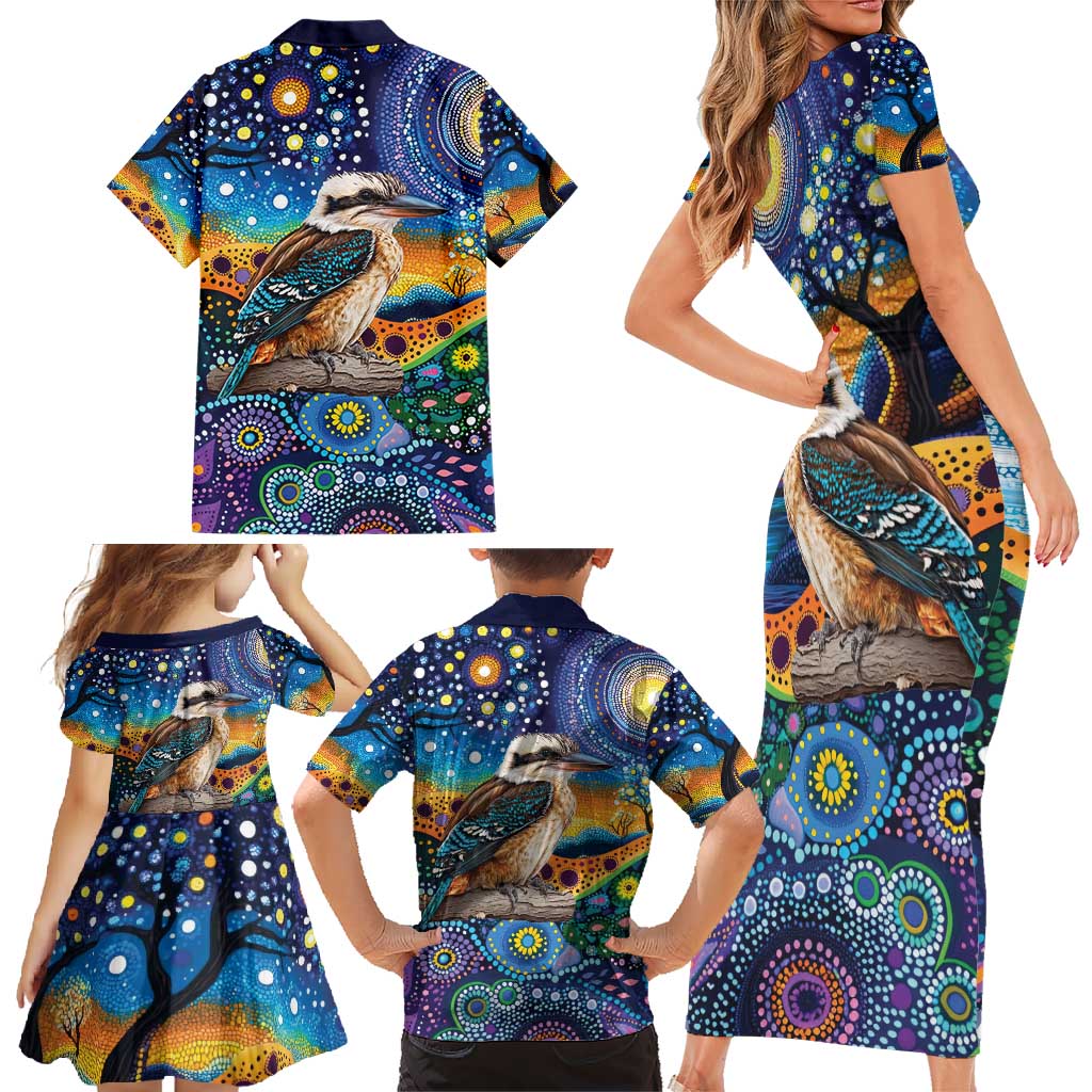 Australian Kookaburra Indigenous Family Matching Short Sleeve Bodycon Dress and Hawaiian Shirt Aboriginal Dot Painting