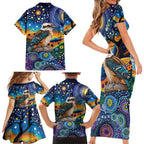 Australian Kookaburra Indigenous Family Matching Short Sleeve Bodycon Dress and Hawaiian Shirt Aboriginal Dot Painting
