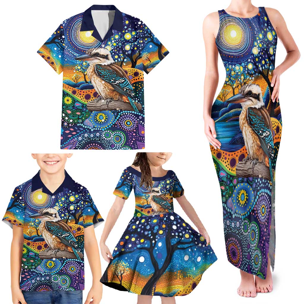 Australian Kookaburra Indigenous Family Matching Tank Maxi Dress and Hawaiian Shirt Aboriginal Dot Painting