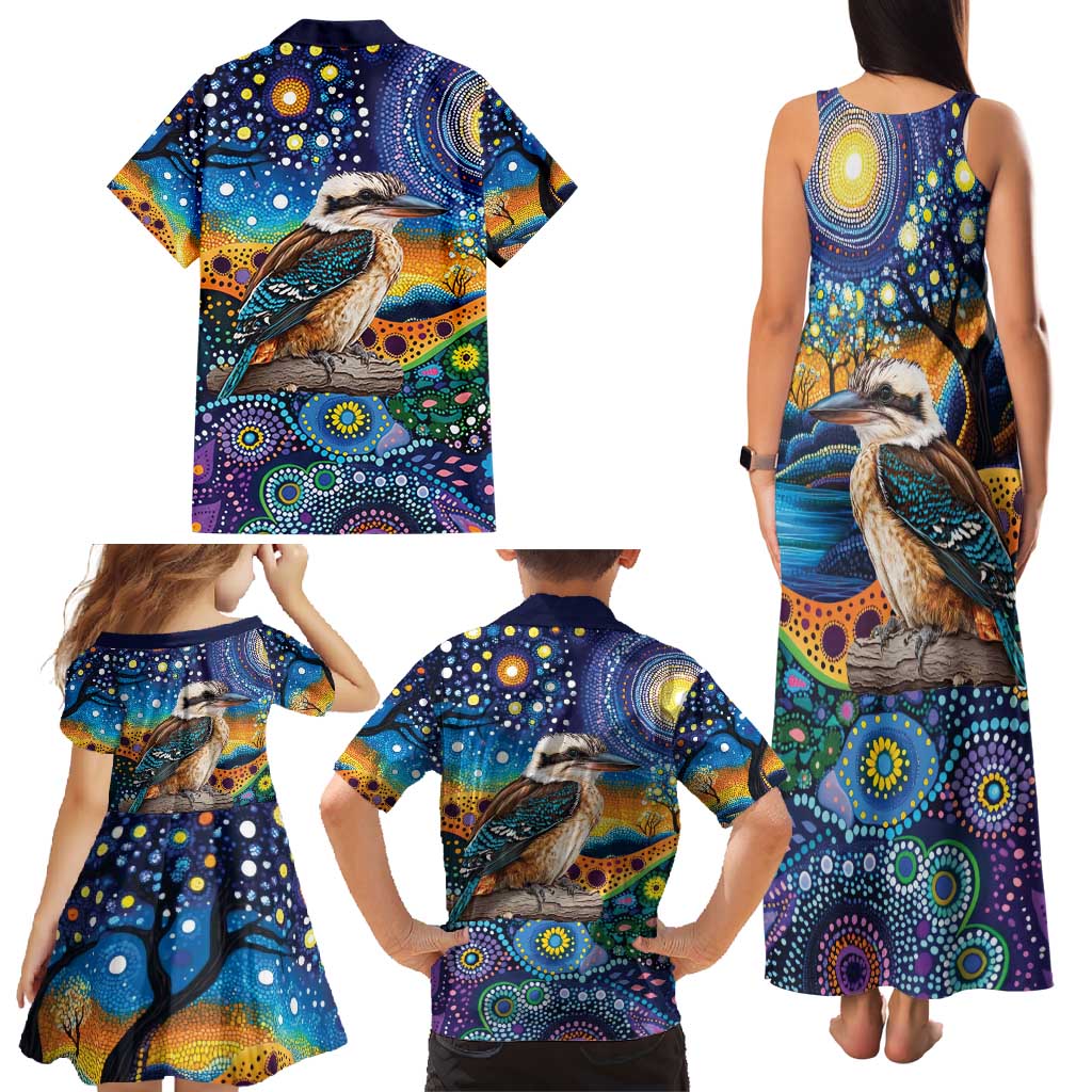 Australian Kookaburra Indigenous Family Matching Tank Maxi Dress and Hawaiian Shirt Aboriginal Dot Painting