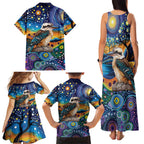 Australian Kookaburra Indigenous Family Matching Tank Maxi Dress and Hawaiian Shirt Aboriginal Dot Painting