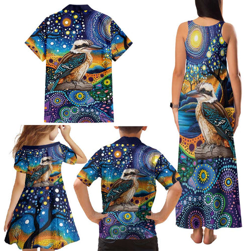 Australian Kookaburra Indigenous Family Matching Tank Maxi Dress and Hawaiian Shirt Aboriginal Dot Painting