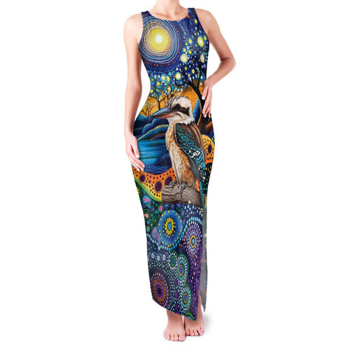 Australian Kookaburra Indigenous Family Matching Tank Maxi Dress and Hawaiian Shirt Aboriginal Dot Painting