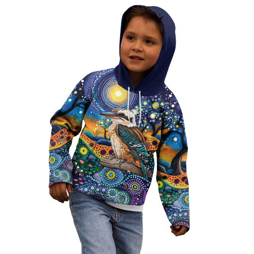 Australian Kookaburra Indigenous Kid Hoodie Aboriginal Dot Painting