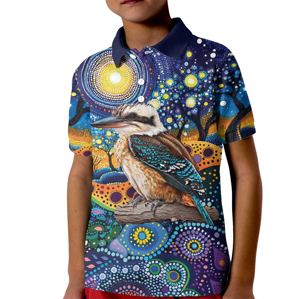 Australian Kookaburra Indigenous Kid Polo Shirt Aboriginal Dot Painting