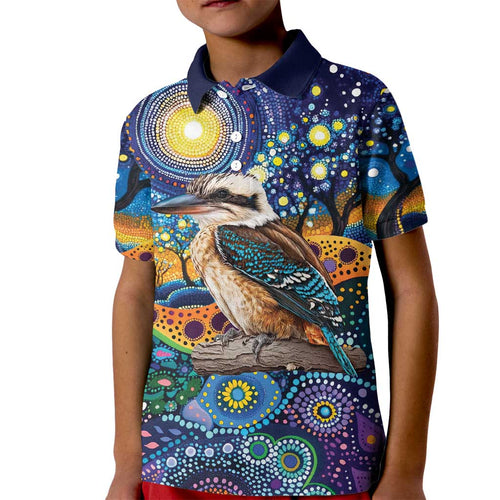 Australian Kookaburra Indigenous Kid Polo Shirt Aboriginal Dot Painting