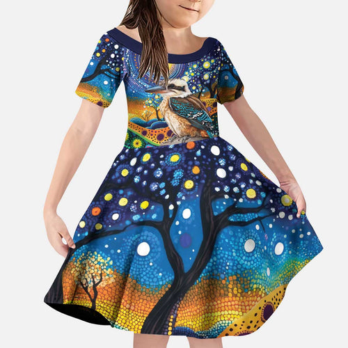 Australian Kookaburra Indigenous Kid Short Sleeve Dress Aboriginal Dot Painting