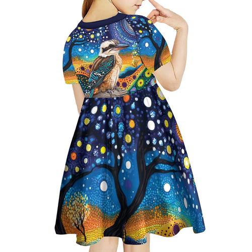 Australian Kookaburra Indigenous Kid Short Sleeve Dress Aboriginal Dot Painting