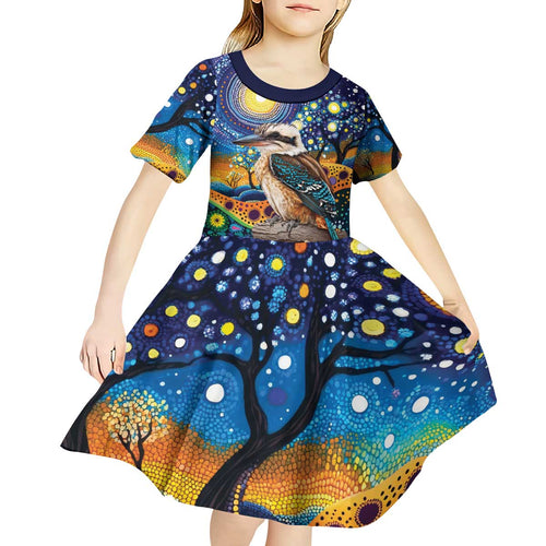 Australian Kookaburra Indigenous Kid Short Sleeve Dress Aboriginal Dot Painting