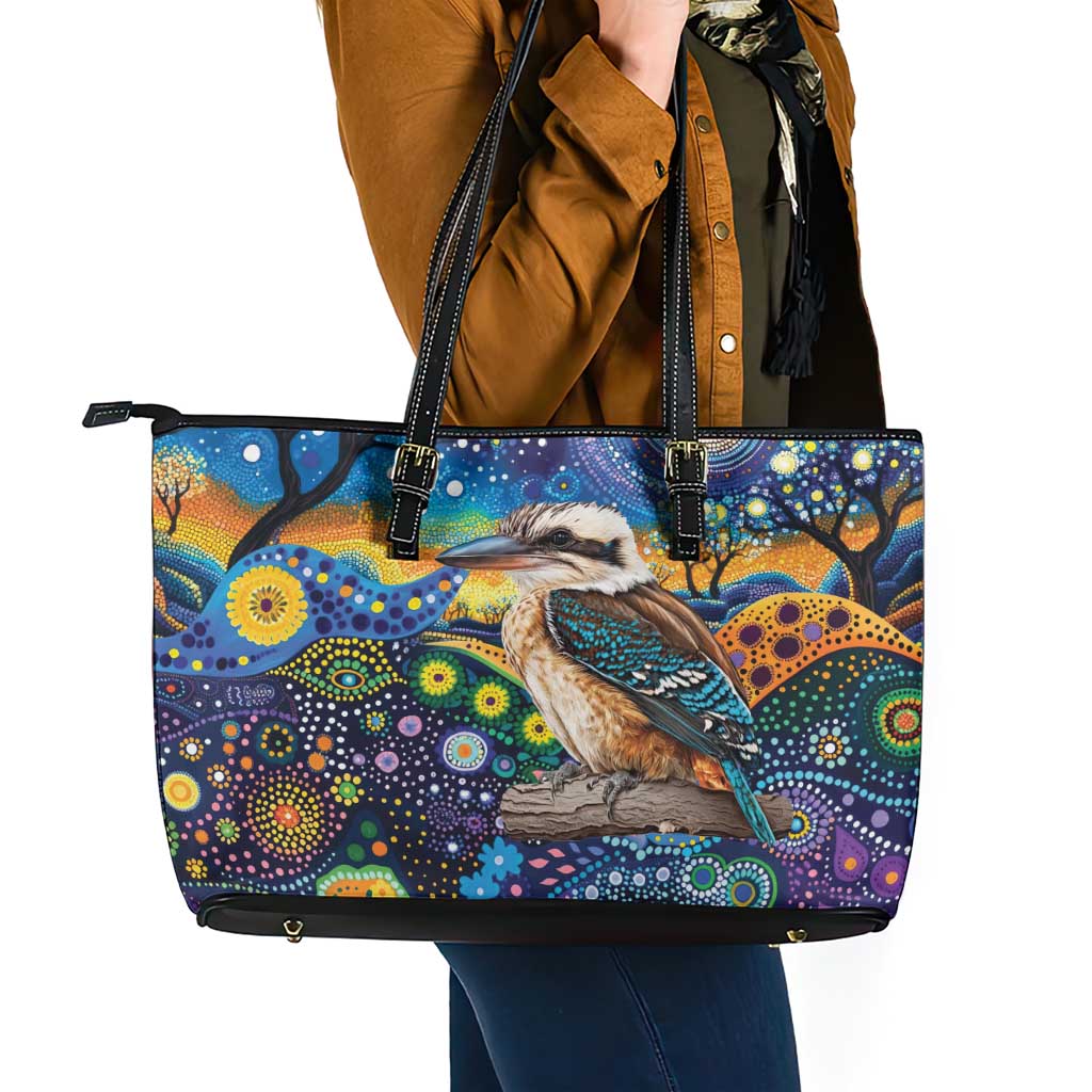 Australian Kookaburra Indigenous Leather Tote Bag Aboriginal Dot Painting