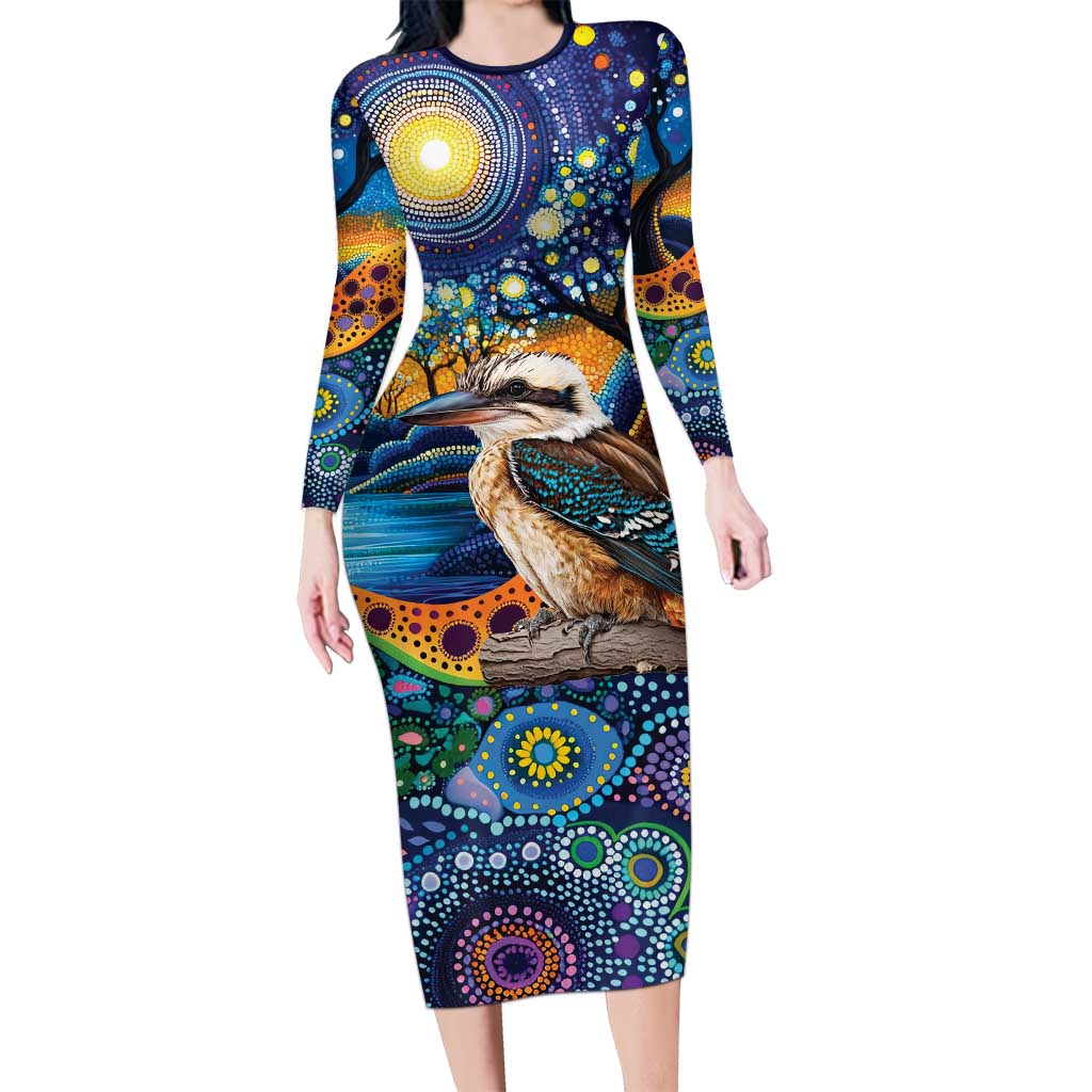 Australian Kookaburra Indigenous Long Sleeve Bodycon Dress Aboriginal Dot Painting