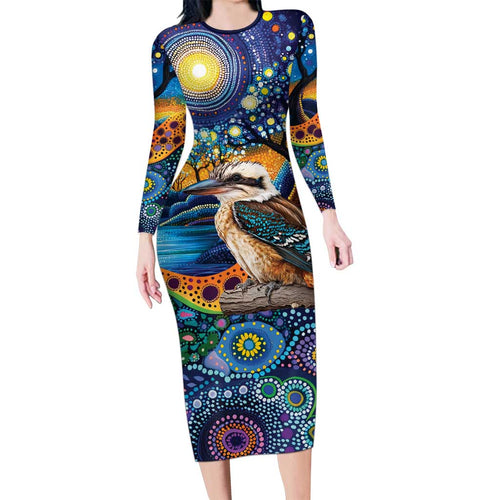 Australian Kookaburra Indigenous Long Sleeve Bodycon Dress Aboriginal Dot Painting