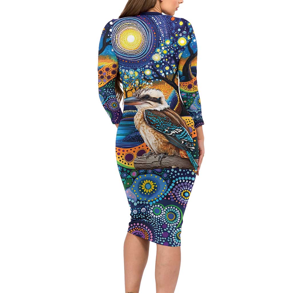 Australian Kookaburra Indigenous Long Sleeve Bodycon Dress Aboriginal Dot Painting