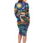 Australian Kookaburra Indigenous Long Sleeve Bodycon Dress Aboriginal Dot Painting