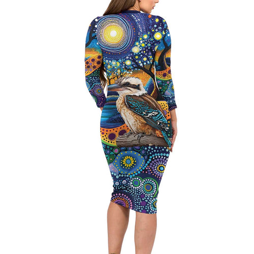 Australian Kookaburra Indigenous Long Sleeve Bodycon Dress Aboriginal Dot Painting